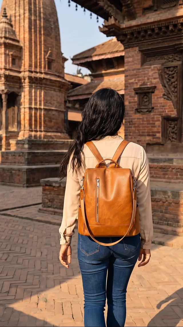 Leather backpack campaign in a Kathmandu courtyard
